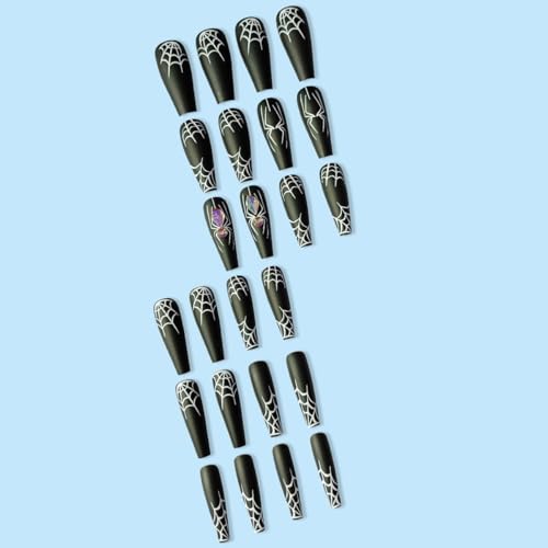 Villorem Halloween Long Coffin False Nails White Spider Web Press Ons
