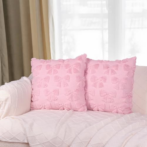 Yuubin Pink Bow Throw Pillow Covers 18x18, Set of 2 Plush Coquette Decor