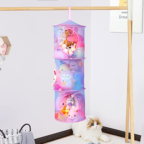 Basumee 2-Pack Hanging Stuffed Animal Storage Hammock, 3-Tier Mesh Organizer for Kids' Room