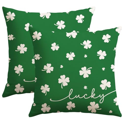 St Patricks Day Lucky Clover Pillow Covers 18x18 Inch Set of 2 - Green