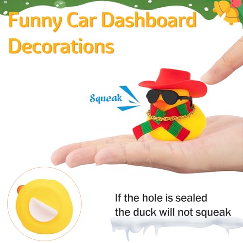 Wonuu Christmas Rubber Duck - Squeaking Mini Ducky Car Dashboard Ornament with Cowboy Hat and Holiday Accessories
