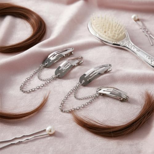Czhotg 4Pcs Silver Metal Snap Hair Clips with Chain Cross & Heart Pendants