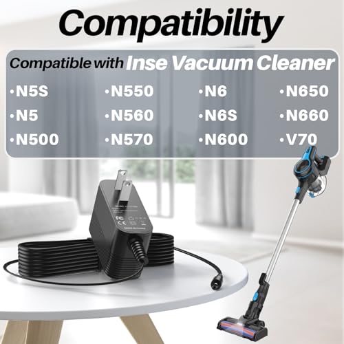 26.5V DC Charger for Inse Cordless Vacuum Cleaners - Compatible with N5, N6, Deik VC-1518-US