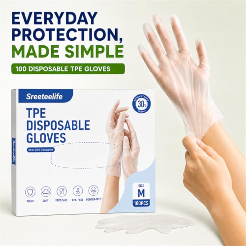 Disposable TPE Gloves - 100 Count, Food Safe, Latex-Free, Sizes S-XL