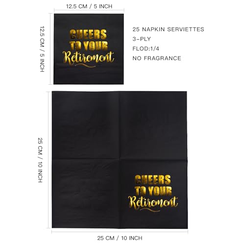 25-Count Retirement Cocktail Napkins - 3-Ply Black Gold Foil