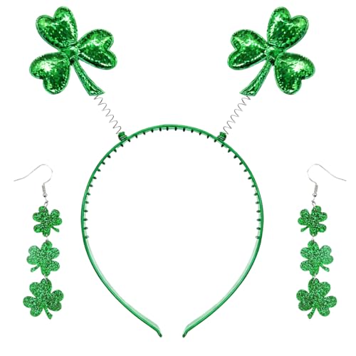 St. Patrick's Day Headband and Earrings Set - Green Glitter Shamrock