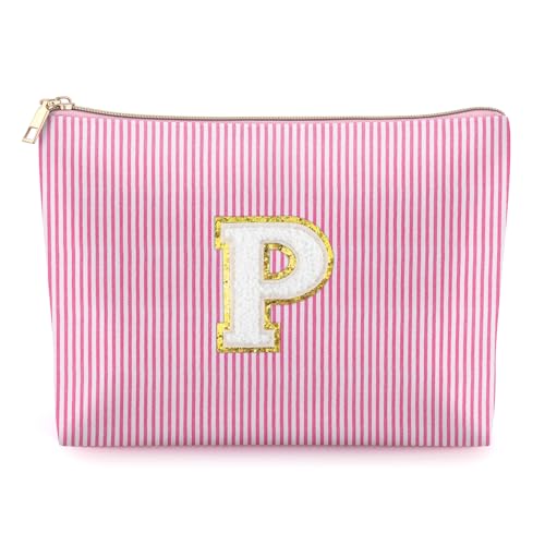 Mikela Monogrammed Makeup Bag, Letter P Pink Travel Toiletry Pouch