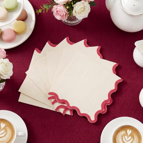 MyPartyCo Red & Ivory 3-Ply Cocktail Napkins - 80 Pack, Scalloped Edges, Party Supplies