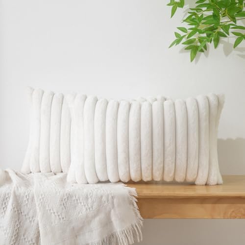 Cream White Faux Fur Lumbar Pillow Covers 12x20 Set of 2 - Soft Velvet Back Home Decor