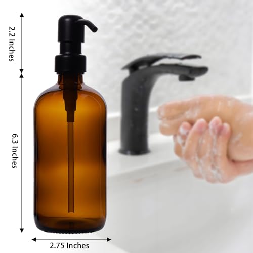 Diahom 16 Oz Amber Glass Soap Dispenser with Rustproof Black Pump