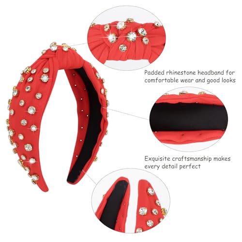 Red Rhinestone Knotted Headband Sparkly Crystal Hair Band for Women
