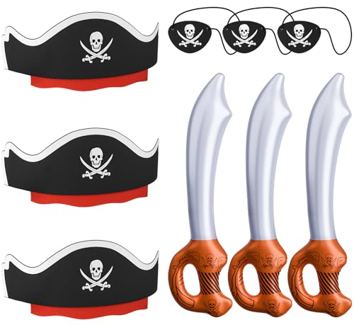 ZeeDix 9-Piece Pirate Set for Kids: 3 Hats, 3 Patches, 3 Swords