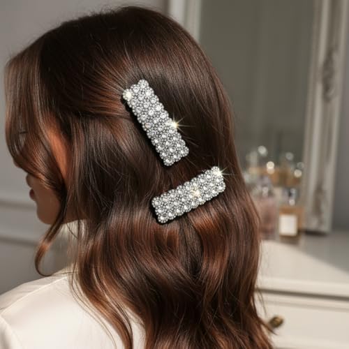 ZLmoue Silver Rhinestone Snap Hair Clips Rectangular Barrettes 2 Pcs