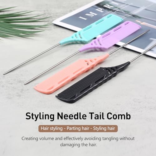Kootinn 4 Pcs Rat Tail Comb Set with Metal Needle Stem for Hair Styling