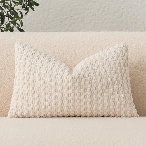 UGASA 12x20 Inch Velvet Lumbar Pillow Cover - Cream Striped Cushion