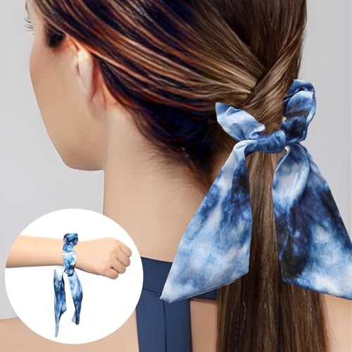 Satin Hair Scarf Scrunchie Blue Vintage Oil Painting Bow