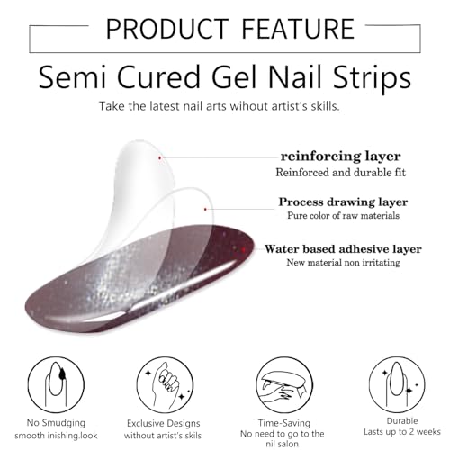 WOKOTO Burgundy Cat-Eye Semi-Cured Gel Nail Strips UV Wraps 20 Pcs