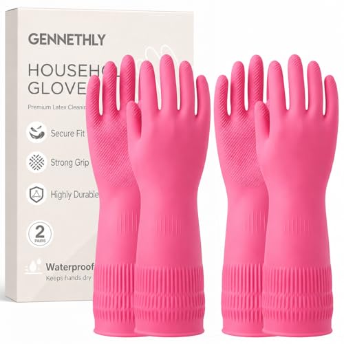 Gennethly Red Rubber Dishwashing Gloves - 2 Pairs, Medium Long Cuff