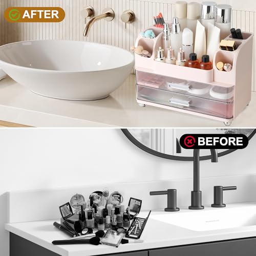 Large Makeup Organizer with Drawers for Vanity - Pink Storage Unit