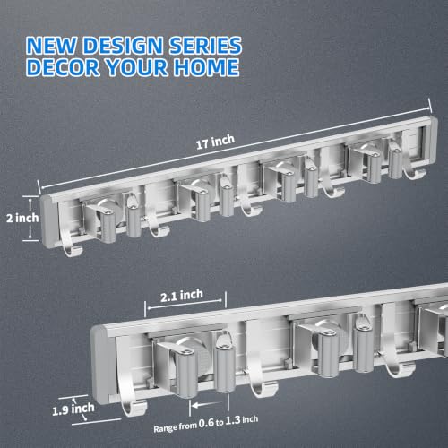 Reliahom 1 Pack Broom Holder Wall Mount with 4 Racks & 5 Hooks - Gray