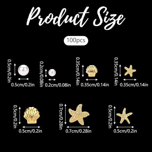 Macuezu 100 Pcs 3D Starfish & Seashell Nail Charms Flat Back Gold
