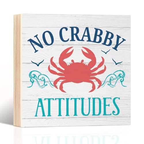 No Crabby Attitudes Wooden Box Sign - Coastal Beach Decor 5.9x5.9in