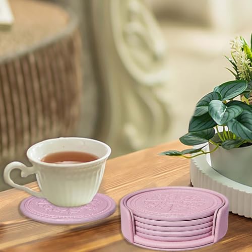 Pink PU Leather Coasters Set of 6 with Holder - Water Resistant Round Pads