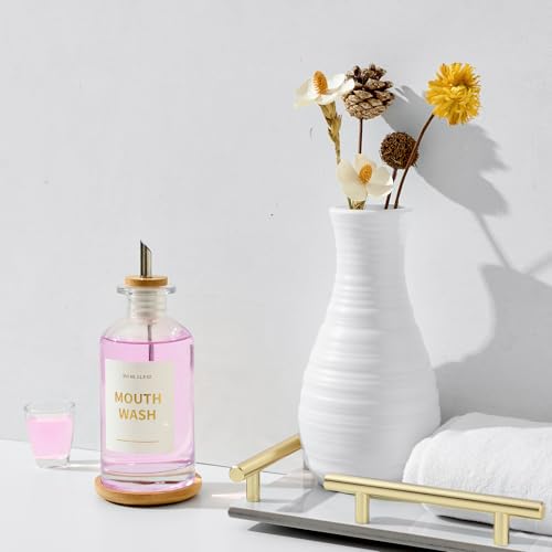 MUVEKA Clear Glass Mouthwash Dispenser Set with Bamboo Holder - 11.8oz