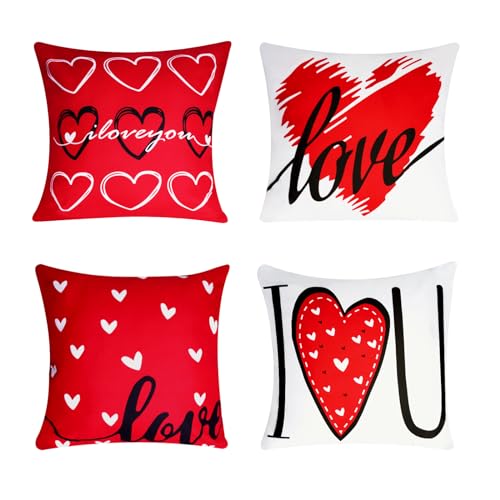 Pistha Red Valentine's Day Pillow Covers 18x18 Set of 4, Linen Heart Decor