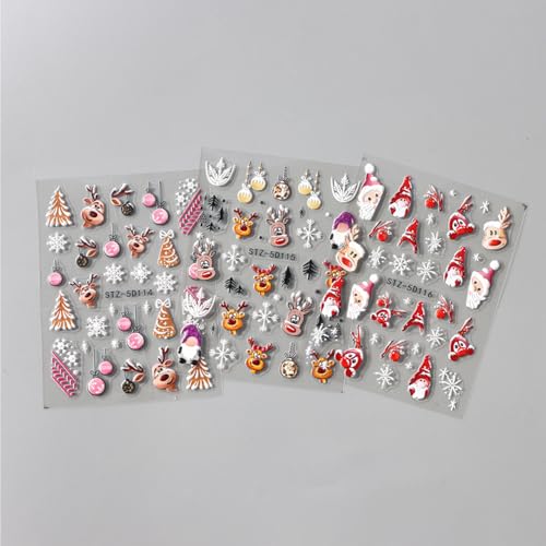 TailaiMei Christmas Nail Decals Stickers - 3 Sheets Self-Adhesive Holiday Nail Art Decorations with Santa and Snowflakes