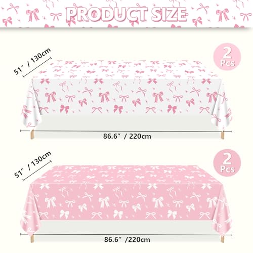 4 Pcs Pink & White Bow Table Cloths for Birthday Parties - 51 x 86 in