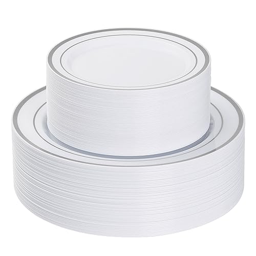 Heavy Duty Silver Plastic Plates 120PCS Set for Parties and Events - Variation of Silver / 120PCS