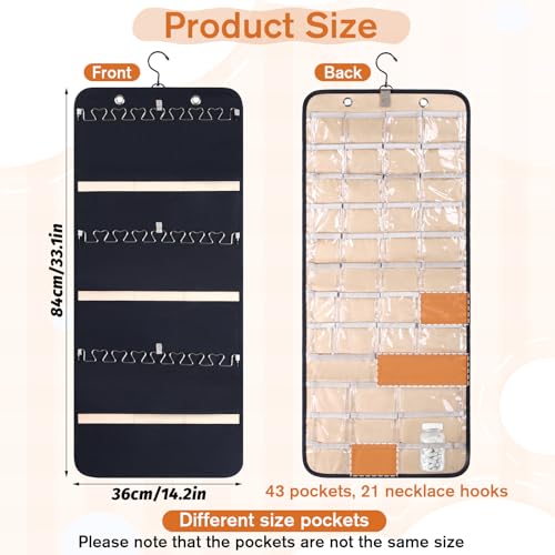 Oqqlin Double-Sided Hanging Jewelry Organizer with 43 Pockets & 21 Hooks