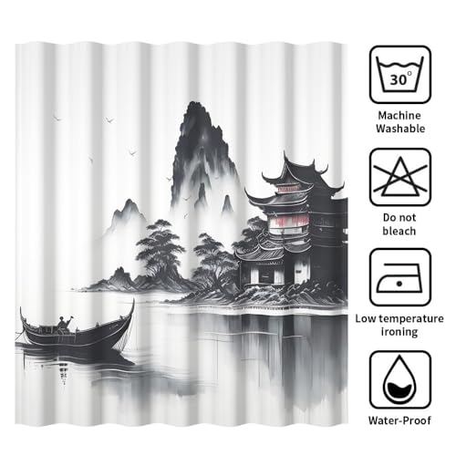 Watercolor Black Mountain Shower Curtain - 72x72 Inch Waterproof Polyester
