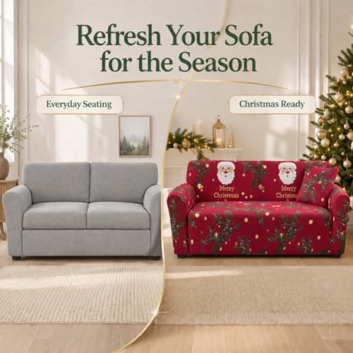 Christmas Sofa Cover - 4 Seats Santa Claus Print Slipcover with Elastic Bottom