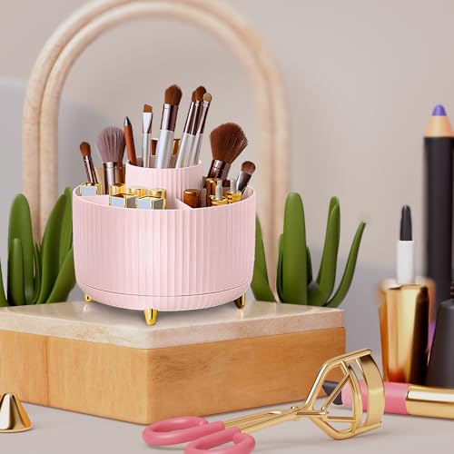 Will Oak Pink Large Makeup Brush Organizer with Compartments, Vanity Storage