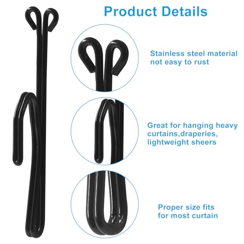 16 Pcs Black Stainless Steel Curtain Hooks - Heavy Duty & Slip-On
