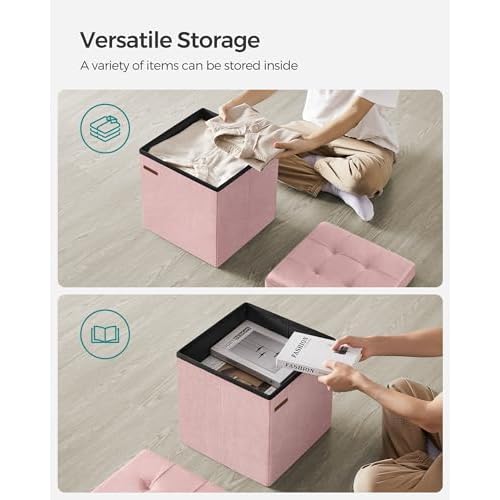 SONGMICS Small Storage Ottoman, Folding Ottoman Cube, 15 x 15 x 15 Inches, Footstool, Footrest, 11 Gal. (43 L), Velvet Surface, for Bedroom, Living Room, Dorm, Jelly Pink ULSF227R01