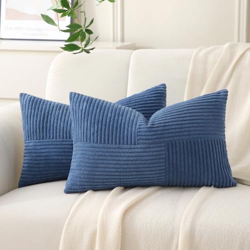 Yosodeko 14x24 Inch Blue Corduroy Lumbar Pillow Cover - Farmhouse Boho Decor