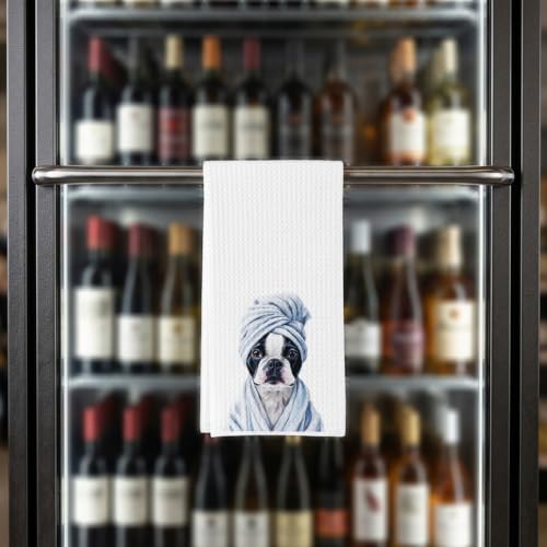 Boston Terrier Waffle Weave Bathroom Towels for Dog Lovers