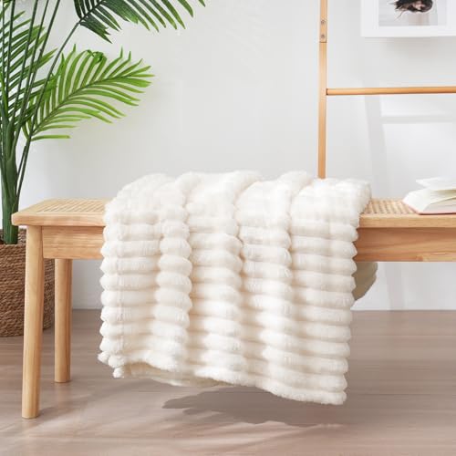 Vessia Cream Striped Flannel Fleece Throw Blanket 50x70 inch
