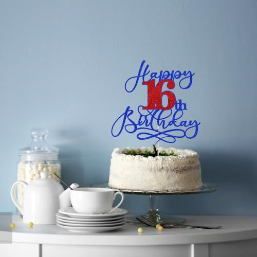 16th Birthday Cake Topper - Deep Blue & Red Glitter Design