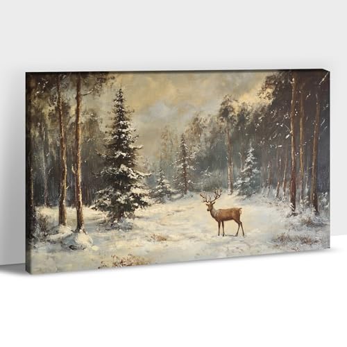 Vintage Winter Forest Canvas Wall Art - Deer Snow Scene 12x18 Inches - Variation of Winter Scene Art11