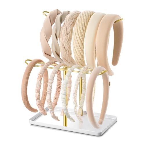 Josmimic 2-Tier T-Bar Headband Organizer with Tray - Gold & White