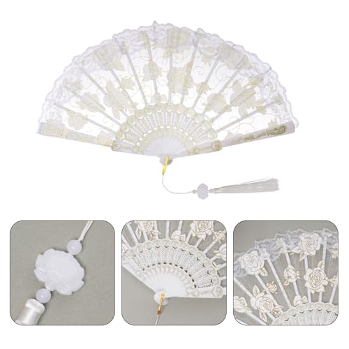 Jmkcoz White Lace Handheld Folding Fan with Embroidered Flowers for Weddings & Parties
