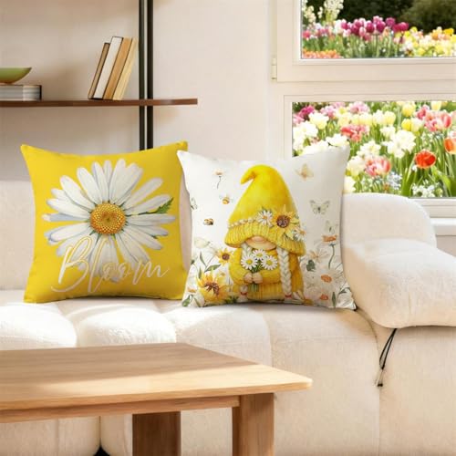MODOVOS Spring Summer Floral Daisy Gnomes Throw Pillow Covers Set of 4