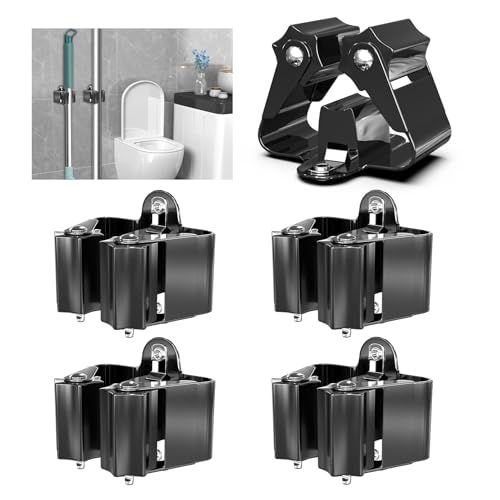 3-H Wall Mount Broom Holder 4 Pack - Black Stainless Steel Mop Hanger