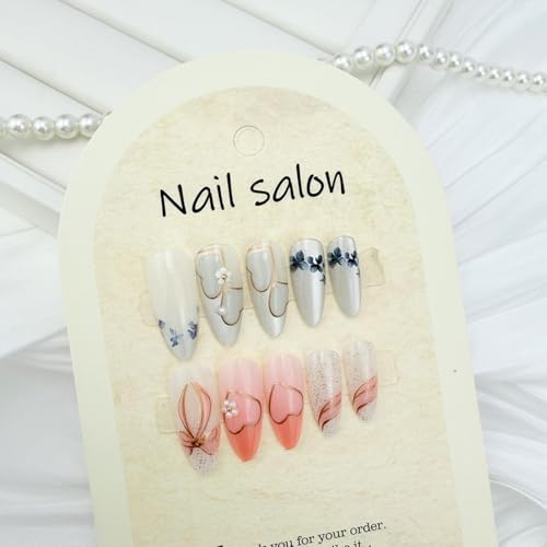 White Pink Glitter Press on Nails - Medium Almond 3D Flower Fake Nails