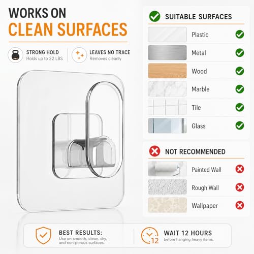 10 Pack Heavy Duty Adhesive Wall Hooks No Drill Waterproof Transparent Towel Hangers