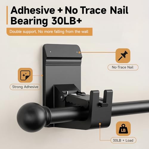 CTBOM No Drill Curtain Rod Brackets - 2Pcs Black, 30LB Capacity